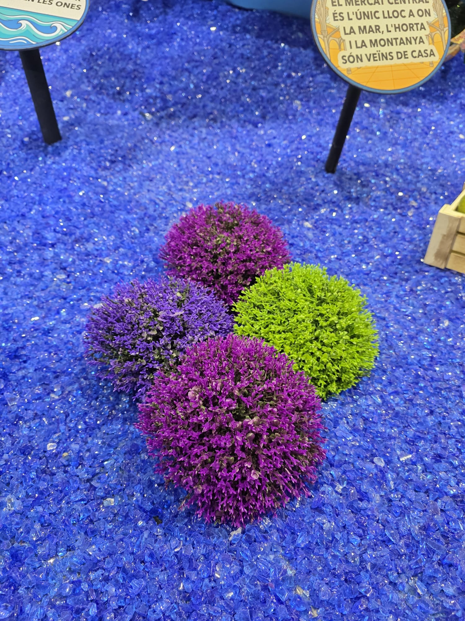 Detalle de plantas decorativas artificiales sobre cristal triturado azul en la hoguera infantil Mercado Central 2026, instalación realizada por BMDP.